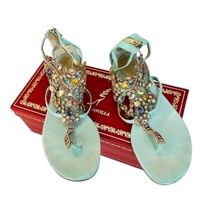 Rene Caovilla   Aqua Crystal T-Strap Flat Sandals
